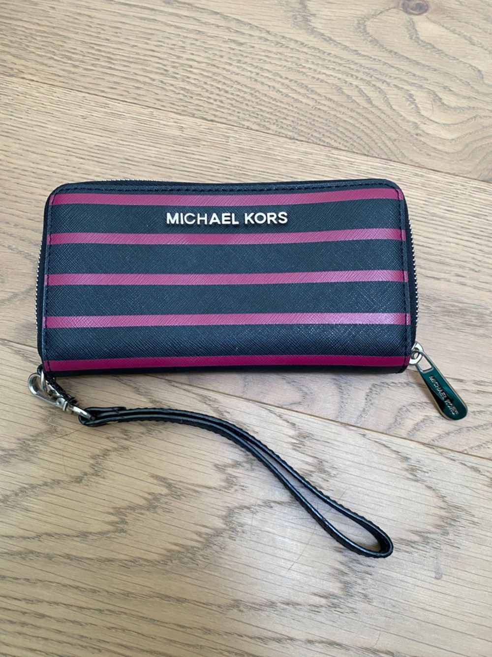 Michael Kors Black and Pink Striped Zip Wristlet Wallet